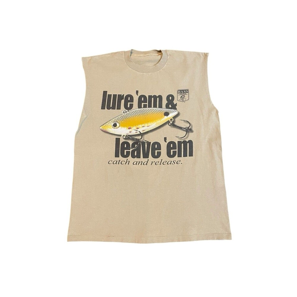 Vintage 90s Bass Bassmaster Fishing Tan Cutoff Sleeve Tank Top Shirt Size Large